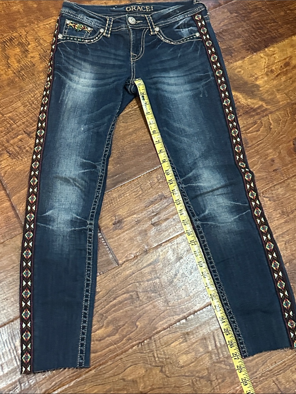 Grace Dark Blue Straight-Leg Jeans with Multicolor Embroidered Trim - Picture 9 of 10